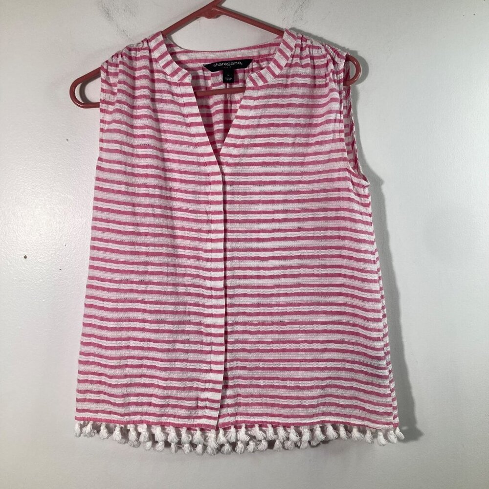 Womens Sharagano Button Shirt Striped Tassel Bottom Pink‎ White M Cotton